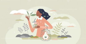 Vegan lifestyle as natural organic food and bio thinking tiny person concept