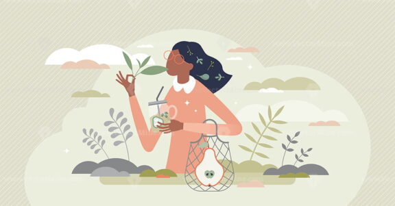 Vegan lifestyle as natural organic food and bio thinking tiny person concept