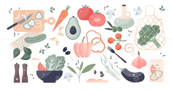 Vegetables set as isolated fresh and healthy food product elements or objects