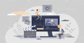 Video editing and movie digital production and adjusting tiny person concept