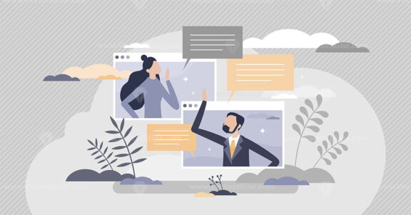 Video meeting communication with distant online web call tiny person concept