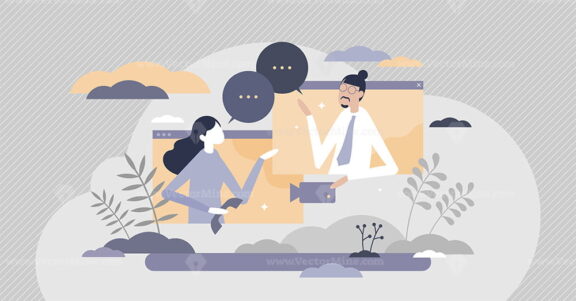 Video call conversation using online webcam computer tiny persons concept