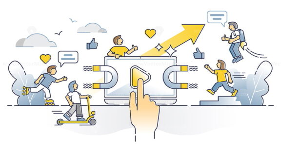 Viral content online with followers, share and like gain outline concept