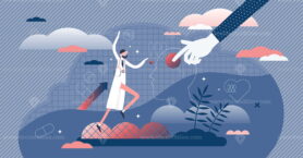 Virtual reality healthcare vector illustration in flat tiny persons concept