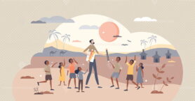 Volunteer abroad and social human care project mission tiny person concept