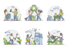 Volunteering for cleaner world with plastic garbage recycling outline set