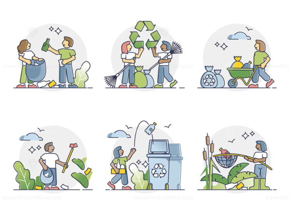 Volunteering for cleaner world with plastic garbage recycling outline set