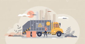Waste management, garbage recycling with disposal truck tiny person concept