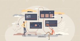 Website user flow with visitor path guide and navigation tiny person concept