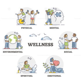 Wellness as mental, emotional, spiritual and physical harmony outline set