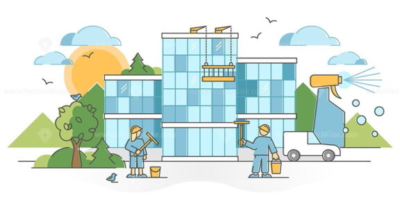 Window cleaning company with glass wall washing service scene outline concept