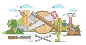 Woodworking process and carpentry craftsman occupation scene outline concept