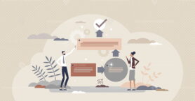 Work flow procedure and company standard steps completion tiny person concept