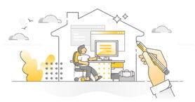 FREE Working from home with distant domestic workplace monocolor outline concept