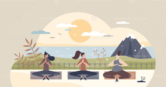 Yoga retreat and meditation group practice for wellness tiny person concept
