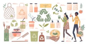 Zero waste or organic, nature friendly lifestyle elements tiny person concept set