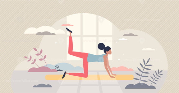Ab workout exercise with body strength and stretching tiny person concept
