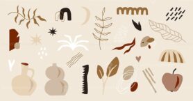 Abstract shapes and hand drawn nature art beige objects vector illustration
