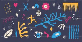 Abstract shapes and hand drawn art on dark background vector illustration