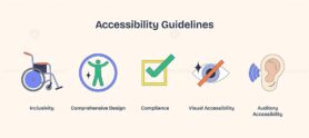 Accessibility guidelines focus on inclusivity, compliance, and sensory accessibility. Neubrutalism style