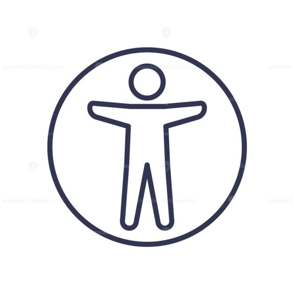 Accessibility icon depicting a person with open arms inside a circle, symbolizing inclusivity and universal access. Outline icon