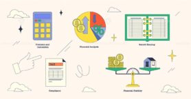 Illustration of financial concepts like calculation, analysis, record keeping, compliance, and stability in neubrutalism style collection.