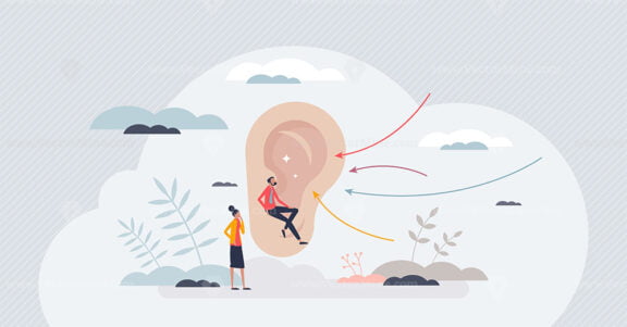 Active listening and hear focused what other is saying tiny person concept
