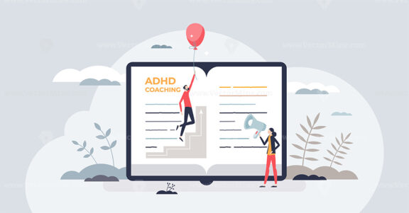 ADHD coaching or learning how to deal with mental problem tiny person concept
