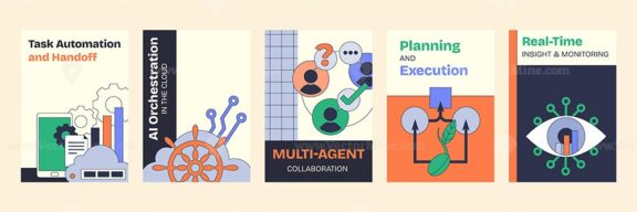 Agent as a Service focuses on AI orchestration with gears and charts, highlighting automation and collaboration. Neubrutalism style