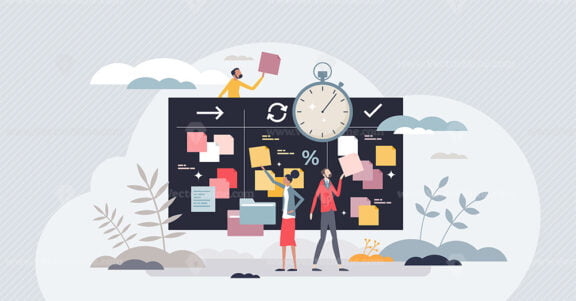 Agile project management for software development work tiny person concept