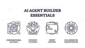 AI agent essentials focus on conversational accuracy, efficient filtering, and direct control. Outline icons set.