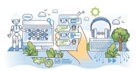 AI chat bot and artificial intelligence support app outline hands concept