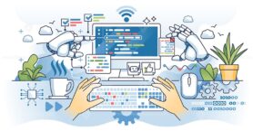AI for coding and software developing automation outline hands concept