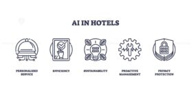 AI in hotels focuses on personalized service, efficiency, and sustainability using outline icons. Outline icons set