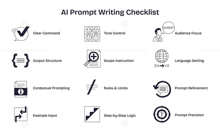 AI prompt writing checklist shows key steps like clear command, tone control, and output structure for effective prompt creation. Doodle style diagram