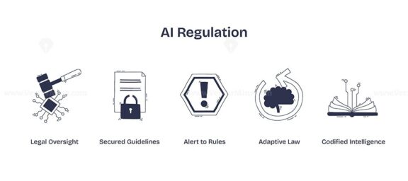 AI regulation is shown with icons of a gavel, secured document, alert sign, brain with law arrow, and open book, symbolizing legal control and guidelines. Doodle style icons