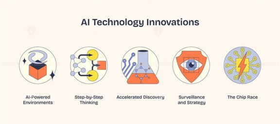 AI Technology Innovations, Icons symbolize AI concepts like environments, thinking, discovery, strategy, and chips. Neubrutalism style
