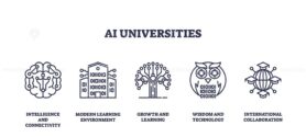 AI universities icons outline featuring brain, building, tree. Outline icons set.