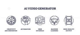 AI video generator as artificial intelligence movies outline icons collection