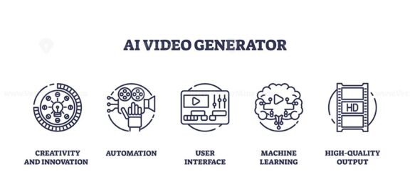 AI video generator as artificial intelligence movies outline icons collection