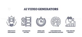 AI video generators for content creation automation outline icons collection