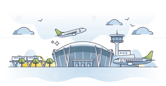 Airport building exterior with airplanes and control tower outline concept