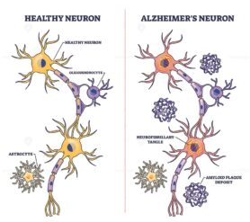 Alzheimers neuron diagram shows comparison of healthy and diseased neurons, highlighting amyloid plaques and neurofibrillary tangles. Outline diagram