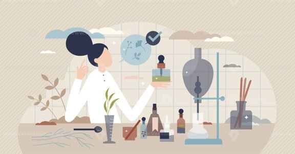 Apothecary drugs with chemical and herbal ingredients tiny person concept