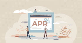 APR or annual percentage rate for credit card and loan tiny person concept