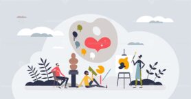 Art therapy as mental care method and mind treatment tiny person concept