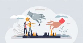 Artificial intelligence or AI usage for intellect games tiny person concept