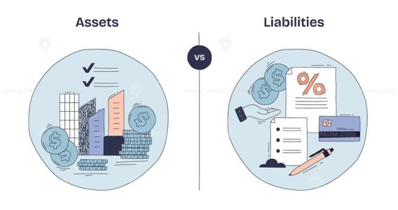 Assets vs Liabilities shows buildings, coins, and documents to illustrate financial balance and obligations. Doodle style diagram