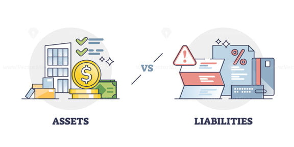 Assets vs liabilities as balance with debts and incomes outline diagram