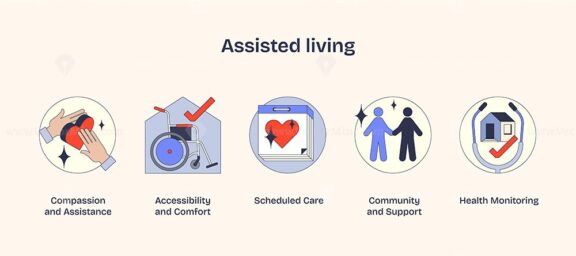 Assisted living icons show compassion, accessibility, and community in Neubrutalism style.